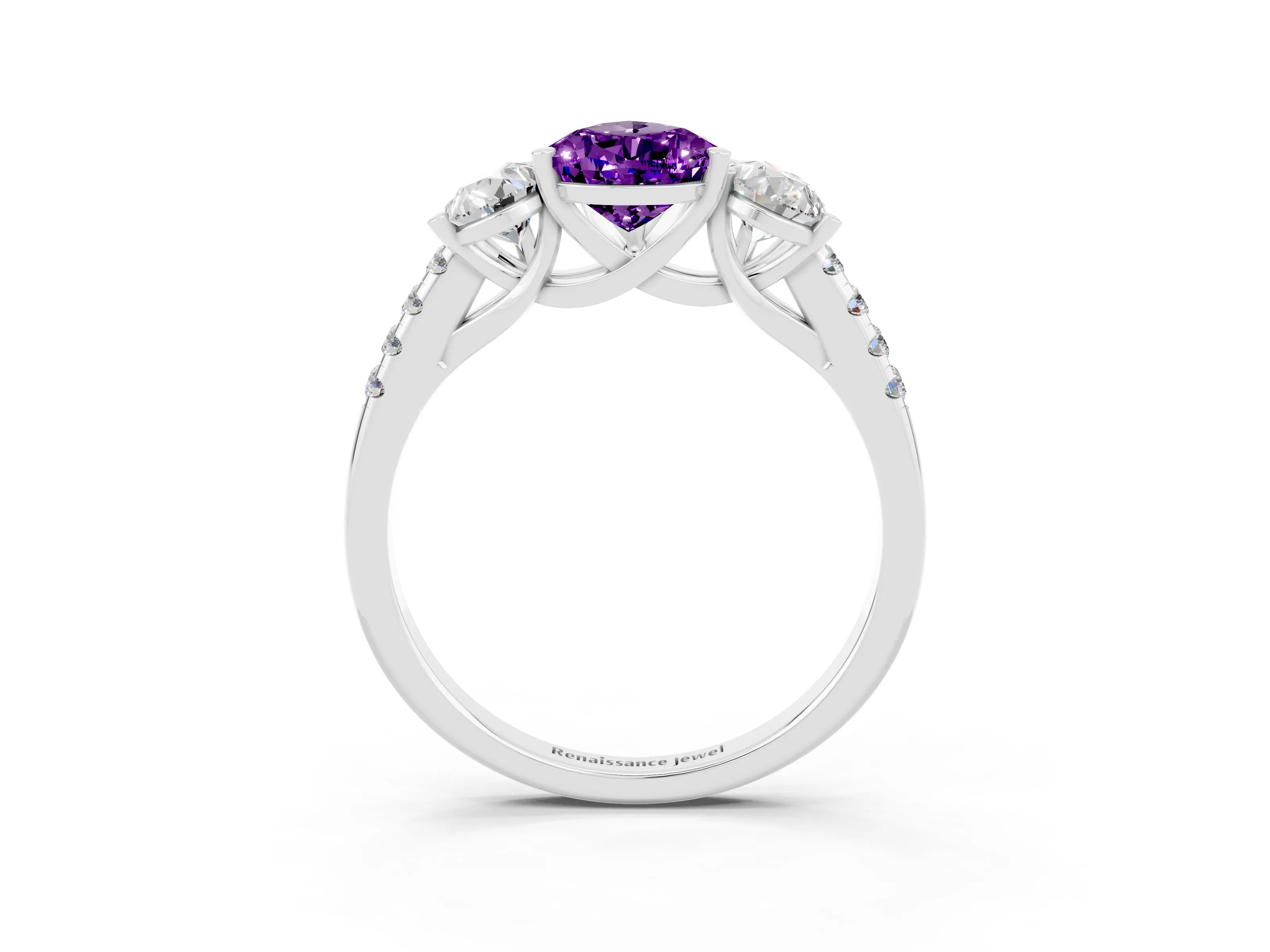 White gold Three-Stone Pear Cut Amethyst Ring with Pavé Band and Prong Setting_15