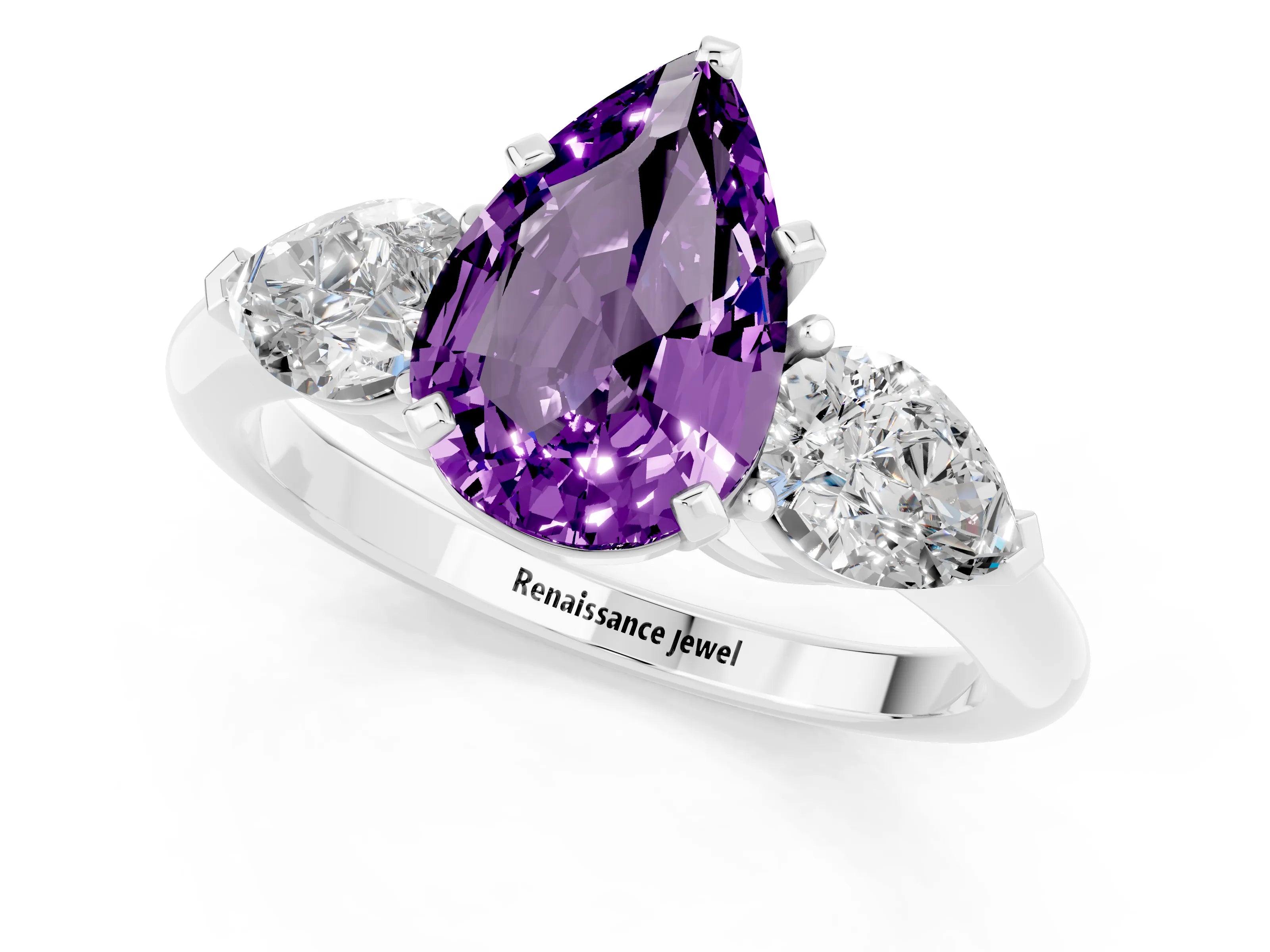 White gold Three-Stone Pear Cut Amethyst Ring with Pear Side Stones and Four-Prong Setting_1