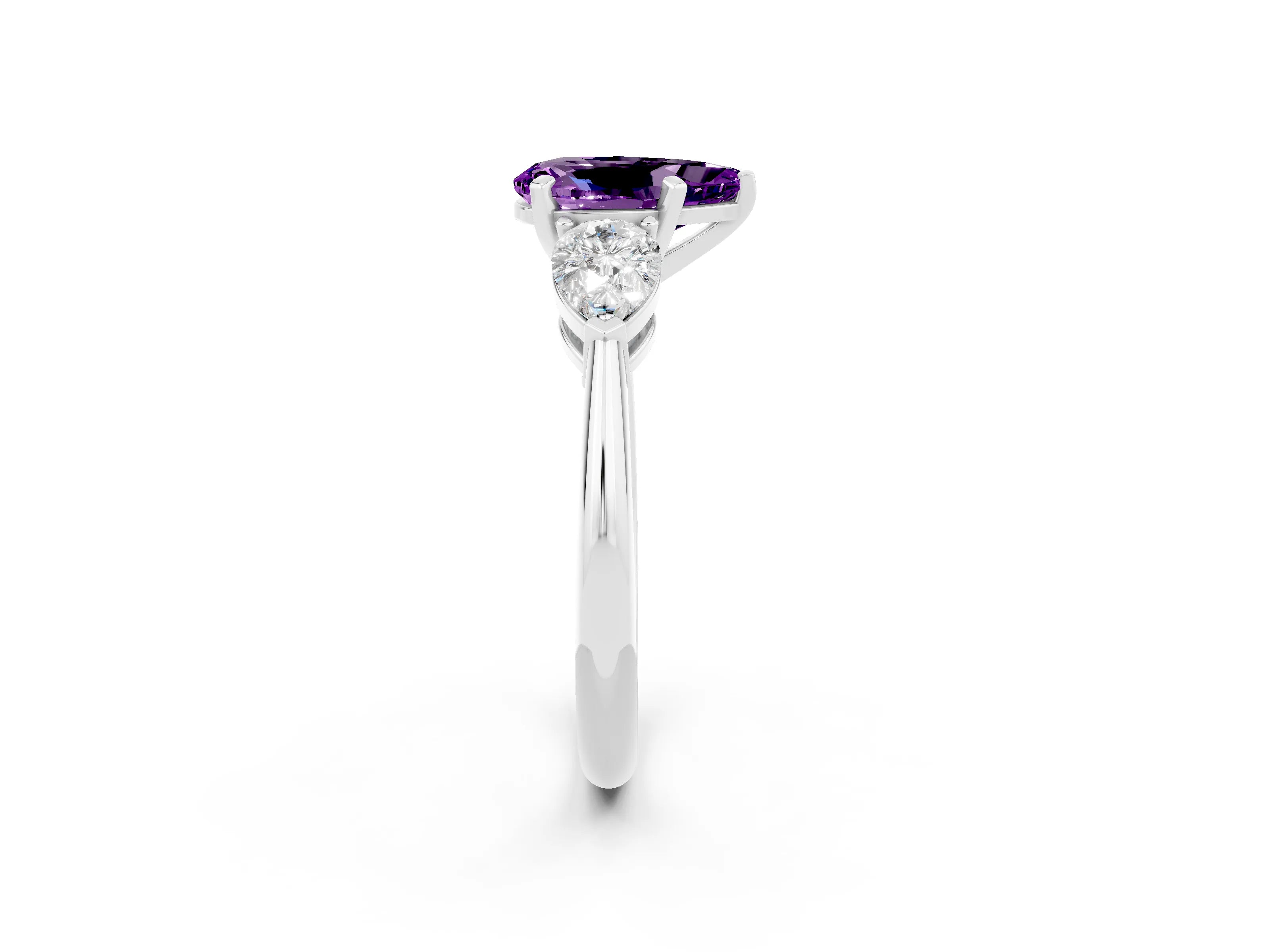 White gold Three-Stone Pear Cut Amethyst Ring with Pear Side Stones and Four-Prong Setting_2