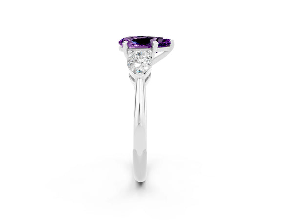 Silver Three-Stone Pear Cut Amethyst Ring with Pear Side Stones and Four-Prong Setting
