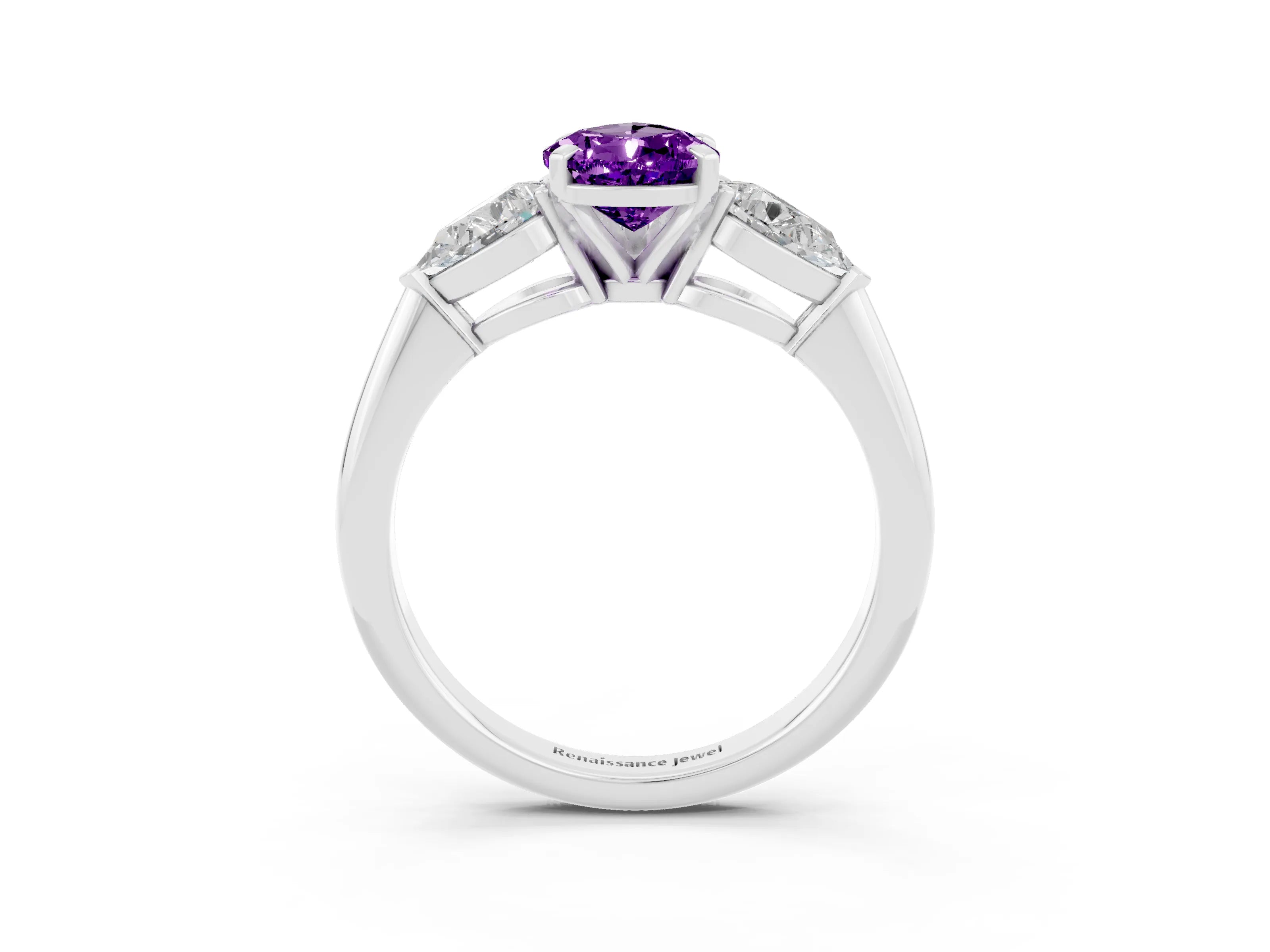 White gold Three-Stone Pear Cut Amethyst Ring with Pear Side Stones and Four-Prong Setting_3