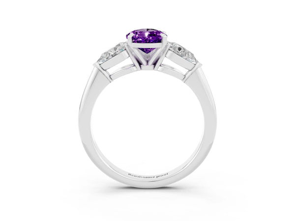 White gold Three-Stone Pear Cut Amethyst Ring with Pear Side Stones and Four-Prong Setting