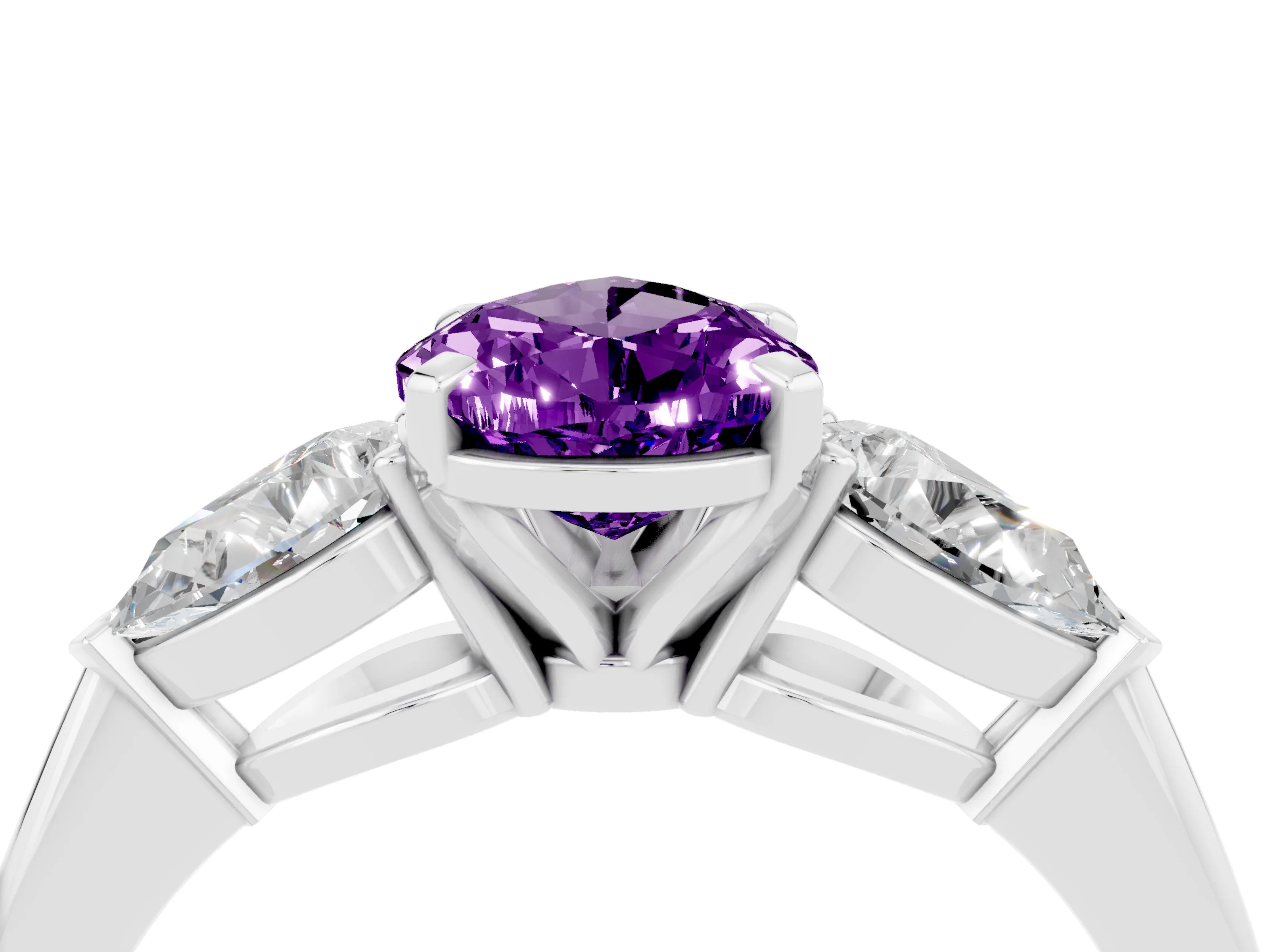 White gold Three-Stone Pear Cut Amethyst Ring with Pear Side Stones and Four-Prong Setting_4