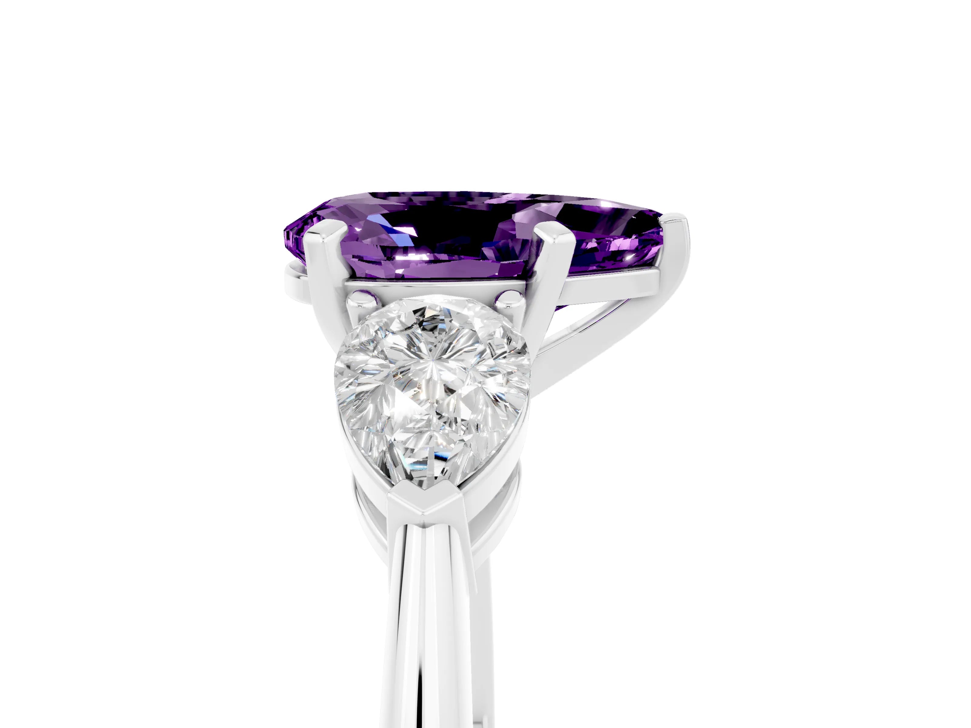 White gold Three-Stone Pear Cut Amethyst Ring with Pear Side Stones and Four-Prong Setting_5