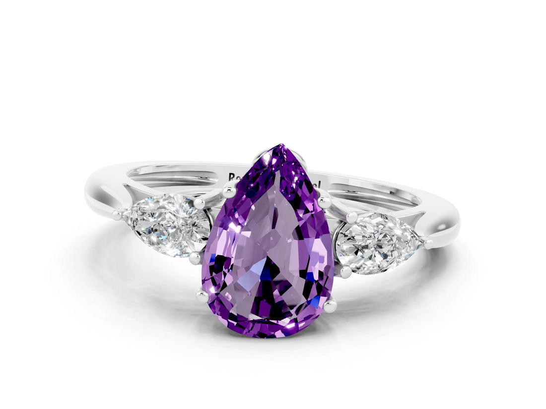 White gold Three-Stone Pear Cut Amethyst Ring with Pear  Side Stones in Four-Prong Setting_12