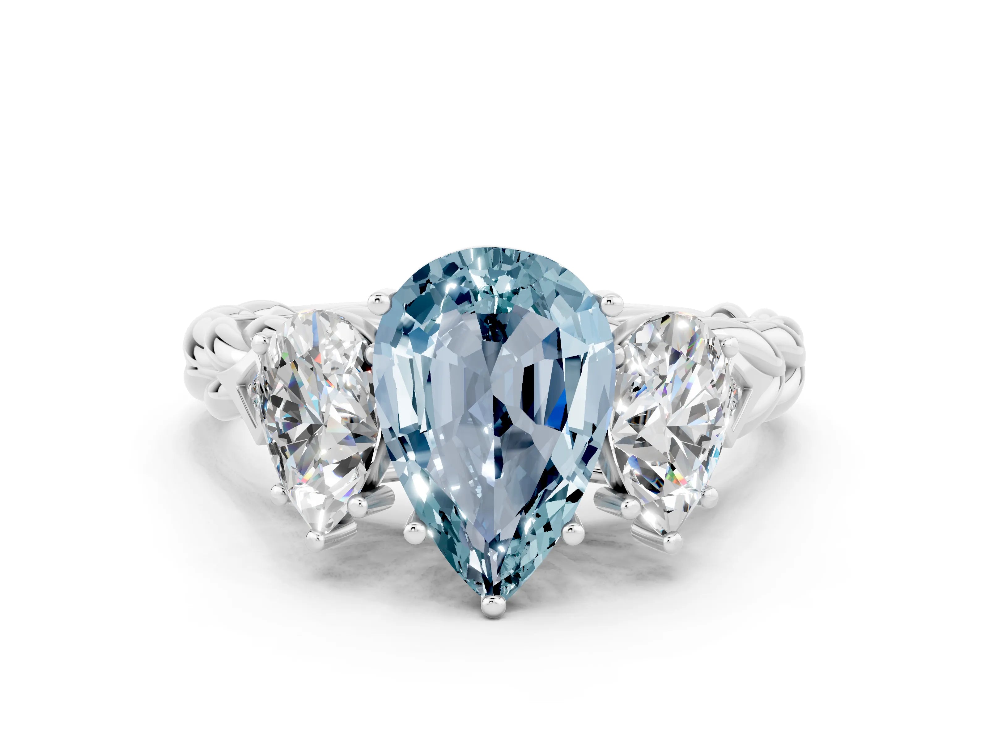 White gold Three-Stone Pear Cut Aquamarine Braided Band Ring with Four-Prong Setting_12