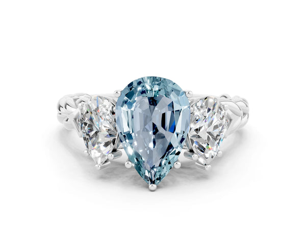 White gold Three-Stone Pear Cut Aquamarine Braided Band Ring with Four-Prong Setting