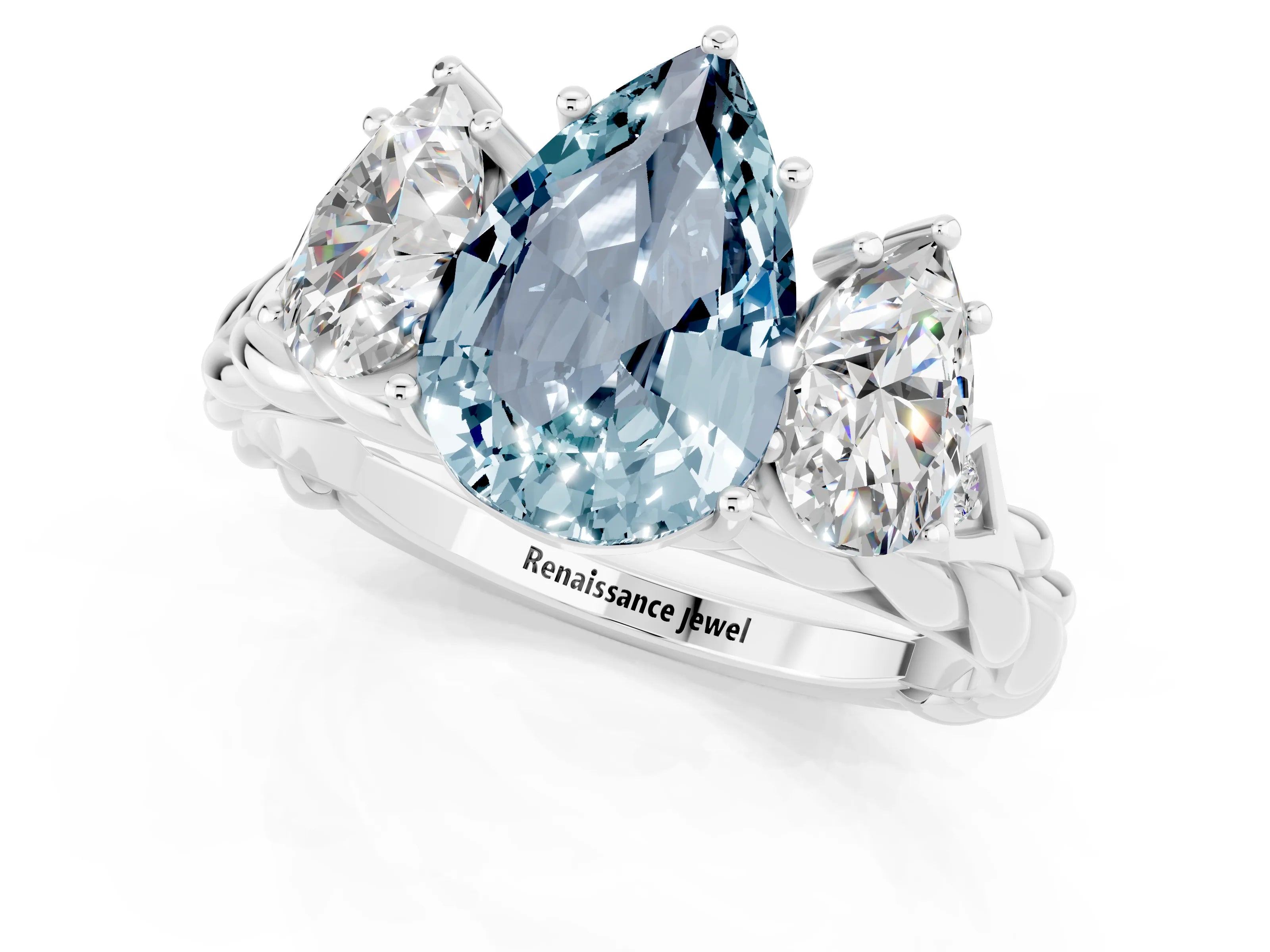 White gold Three-Stone Pear Cut Aquamarine Braided Band Ring with Four-Prong Setting_13