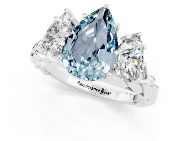 Platinum Three-Stone Pear Cut Aquamarine Braided Band Ring with Four-Prong Setting