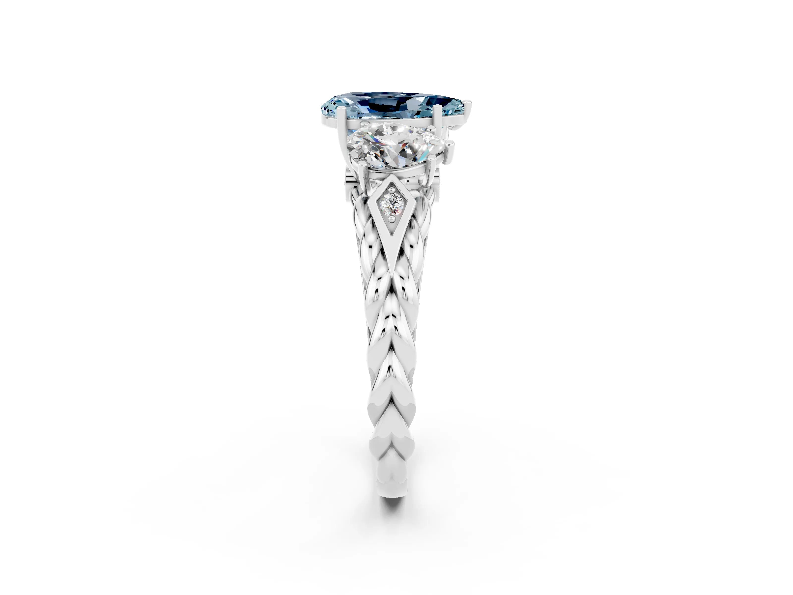 White gold Three-Stone Pear Cut Aquamarine Braided Band Ring with Four-Prong Setting_14