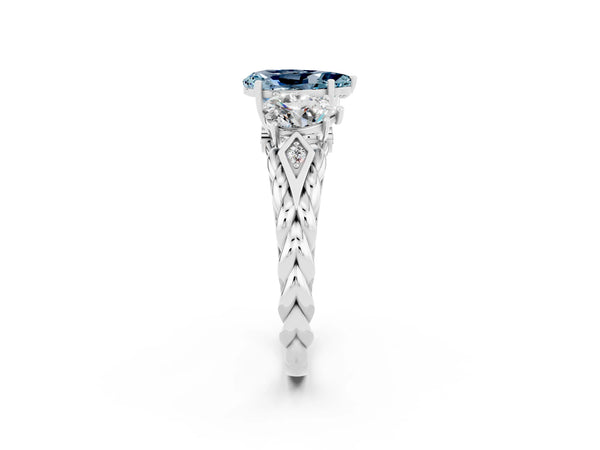 Silver Three-Stone Pear Cut Aquamarine Braided Band Ring with Four-Prong Setting
