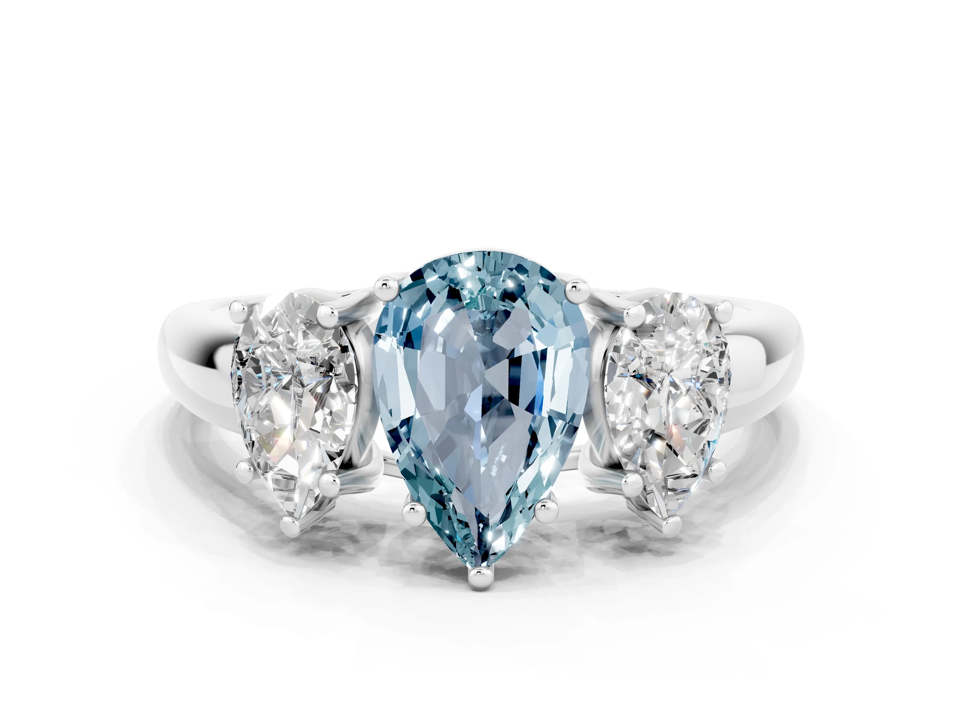 White gold Three-Stone Pear Cut Aquamarine Engagement Ring with Prong Setting