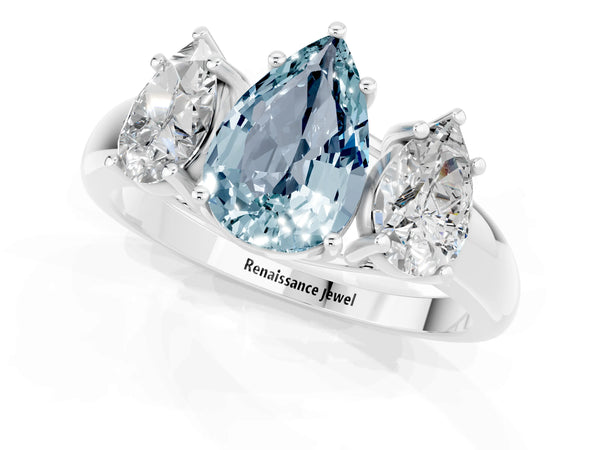 Platinum Three-Stone Pear Cut Aquamarine Engagement Ring with Prong Setting