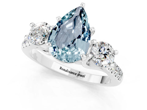 White gold Three-Stone Pear Cut Aquamarine Pavé Band with Four-Prong Setting_1