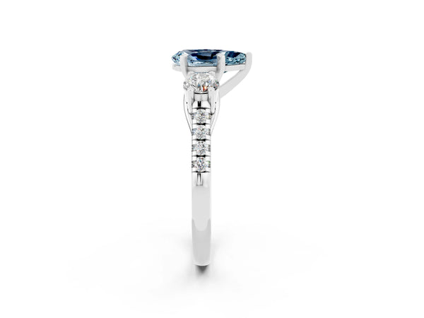 Platinum Three-Stone Pear Cut Aquamarine Pavé Band with Four-Prong Setting