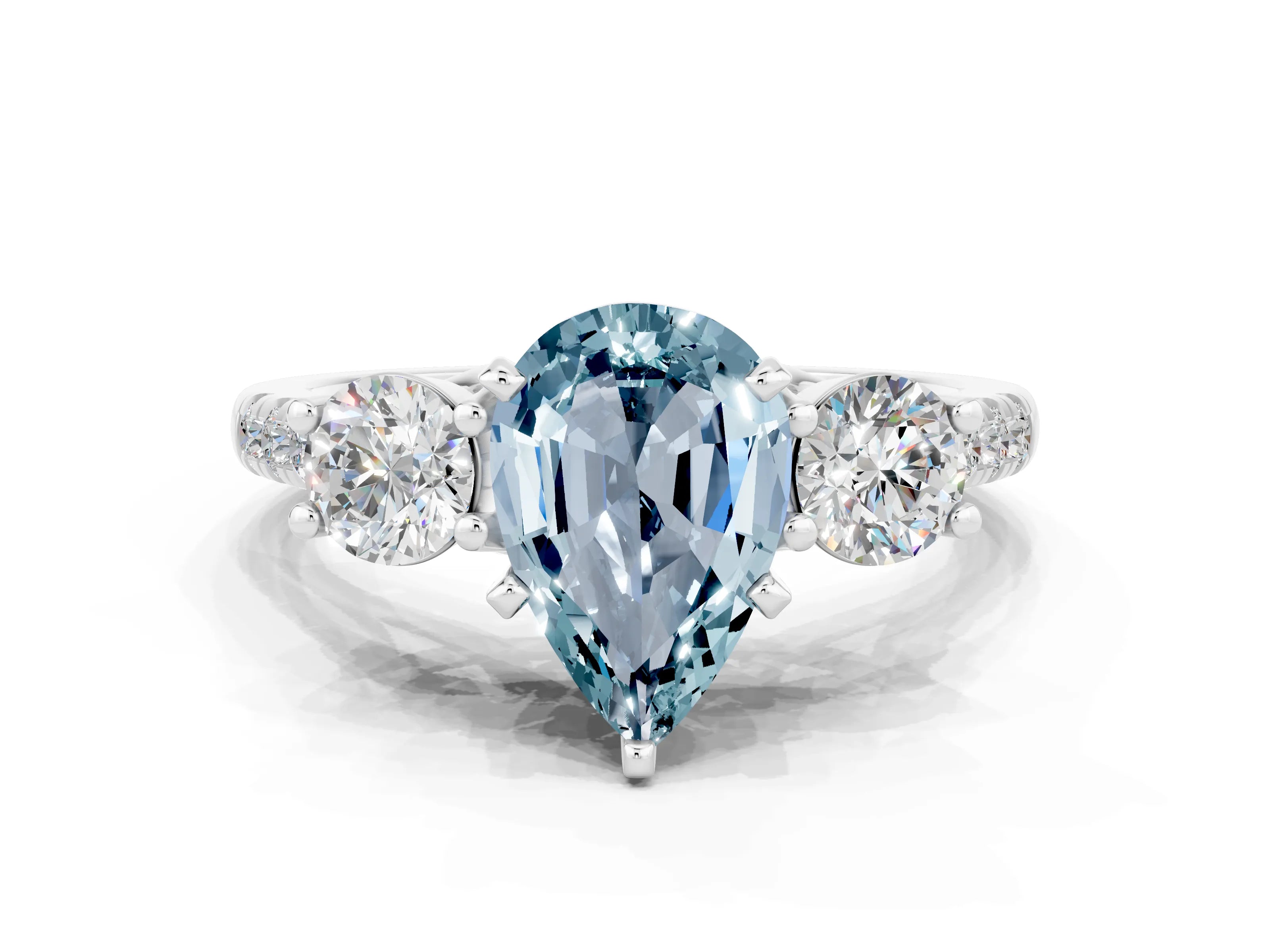 White gold Three-Stone Pear Cut Aquamarine Pavé Band with Four-Prong Setting