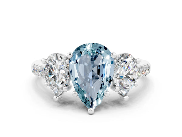 Silver Three-Stone Pear Cut Aquamarine Ring with Round  Pavé Band and Prong Setting