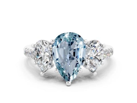 White gold Three-Stone Pear Cut Aquamarine Ring with Pavé Band and Prong Setting_12