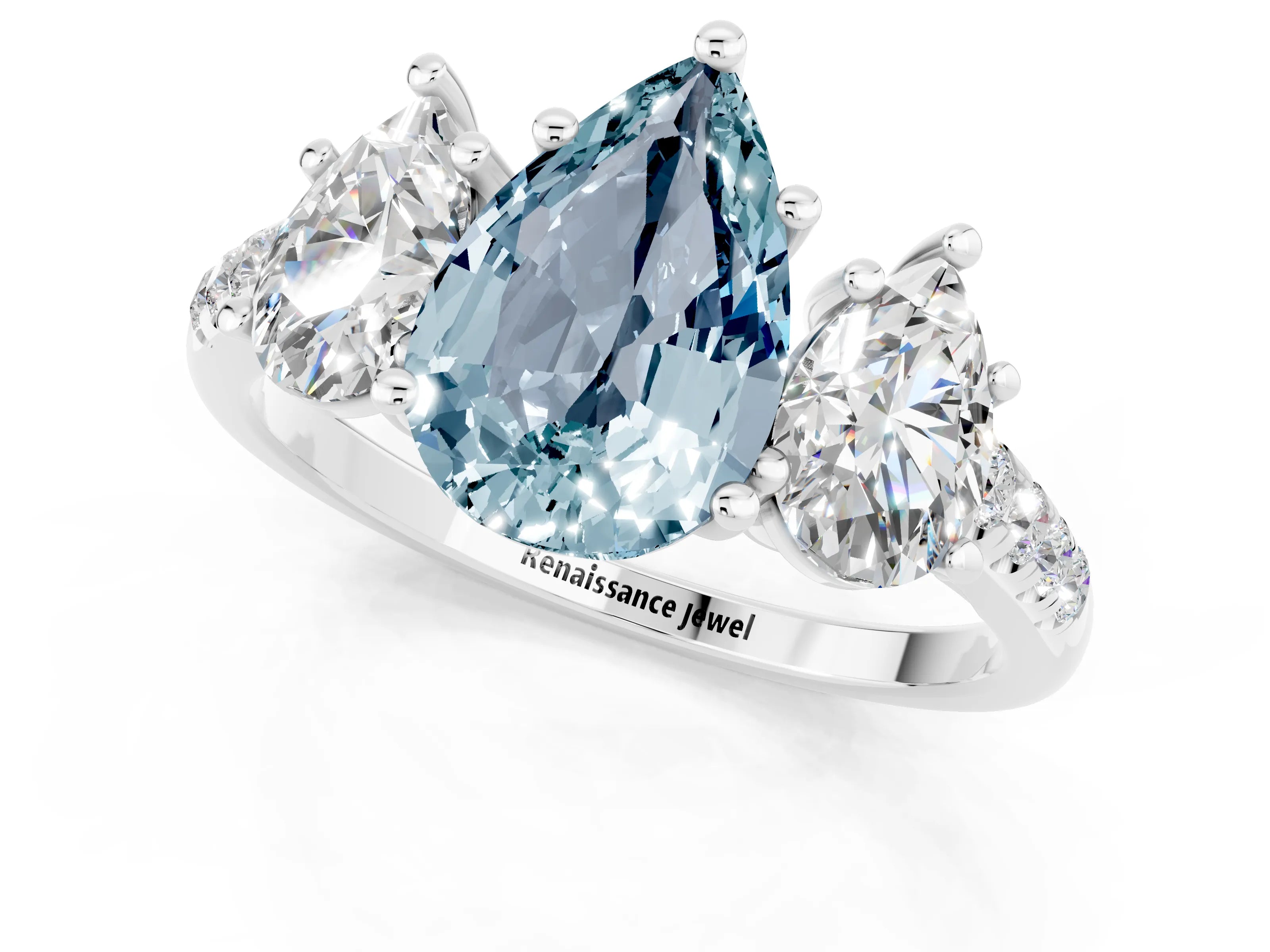 White gold Three-Stone Pear Cut Aquamarine Ring with Pavé Band and Prong Setting_13