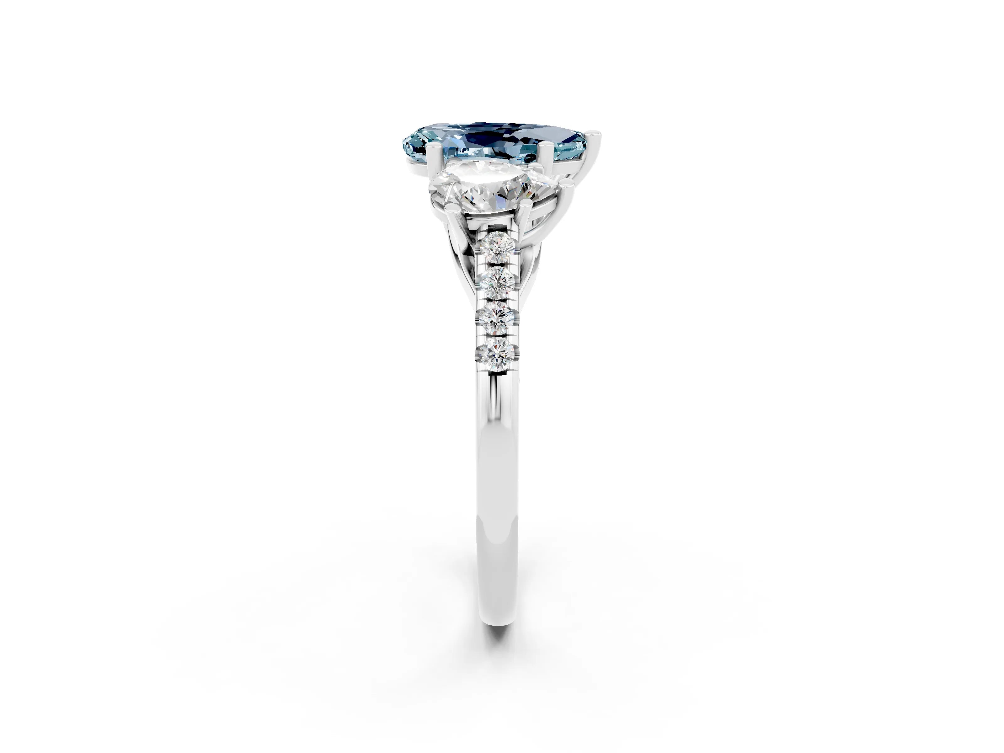 White gold Three-Stone Pear Cut Aquamarine Ring with Pavé Band and Prong Setting_14