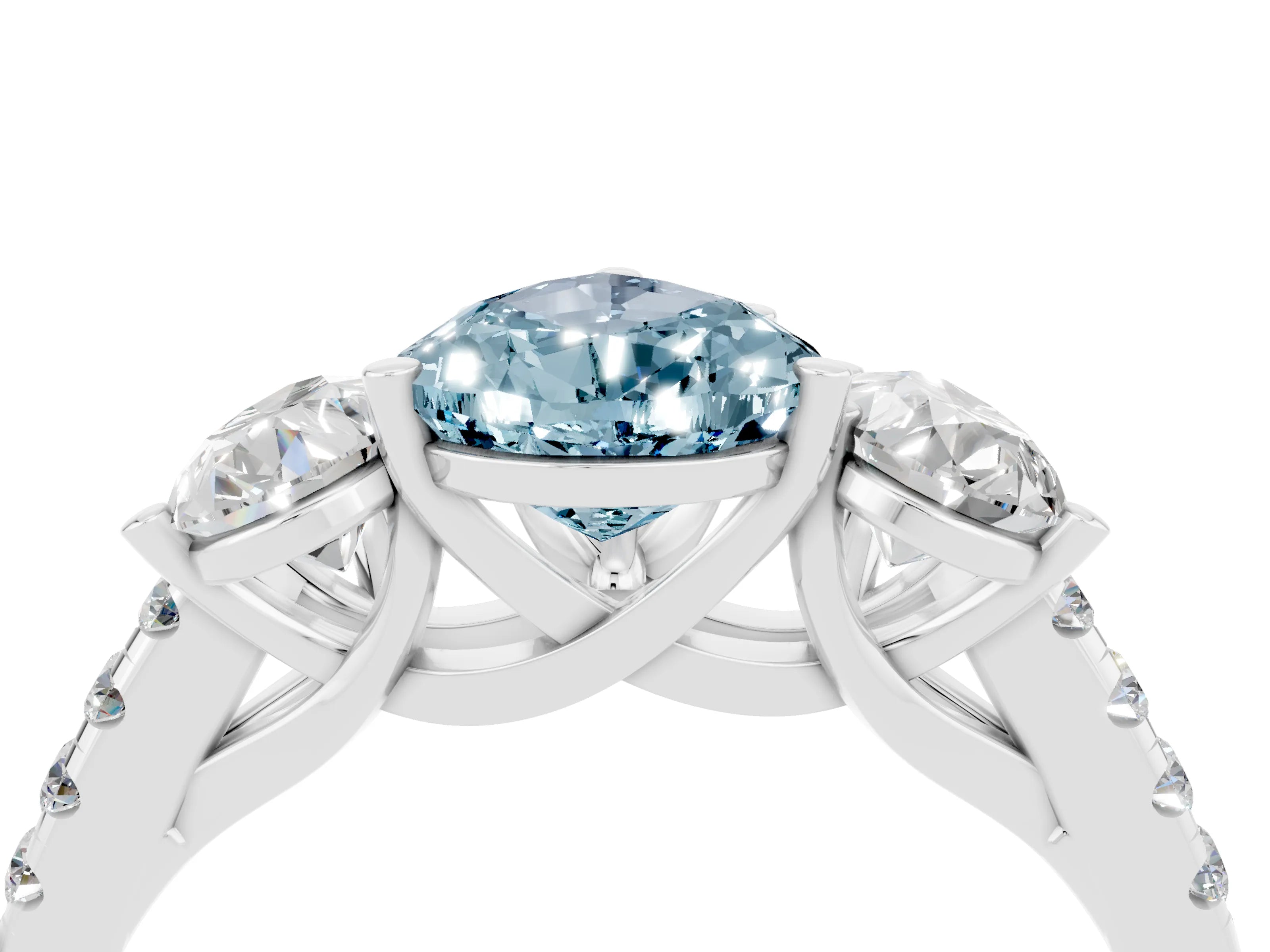 White gold Three-Stone Pear Cut Aquamarine Ring with Pavé Band and Prong Setting_16