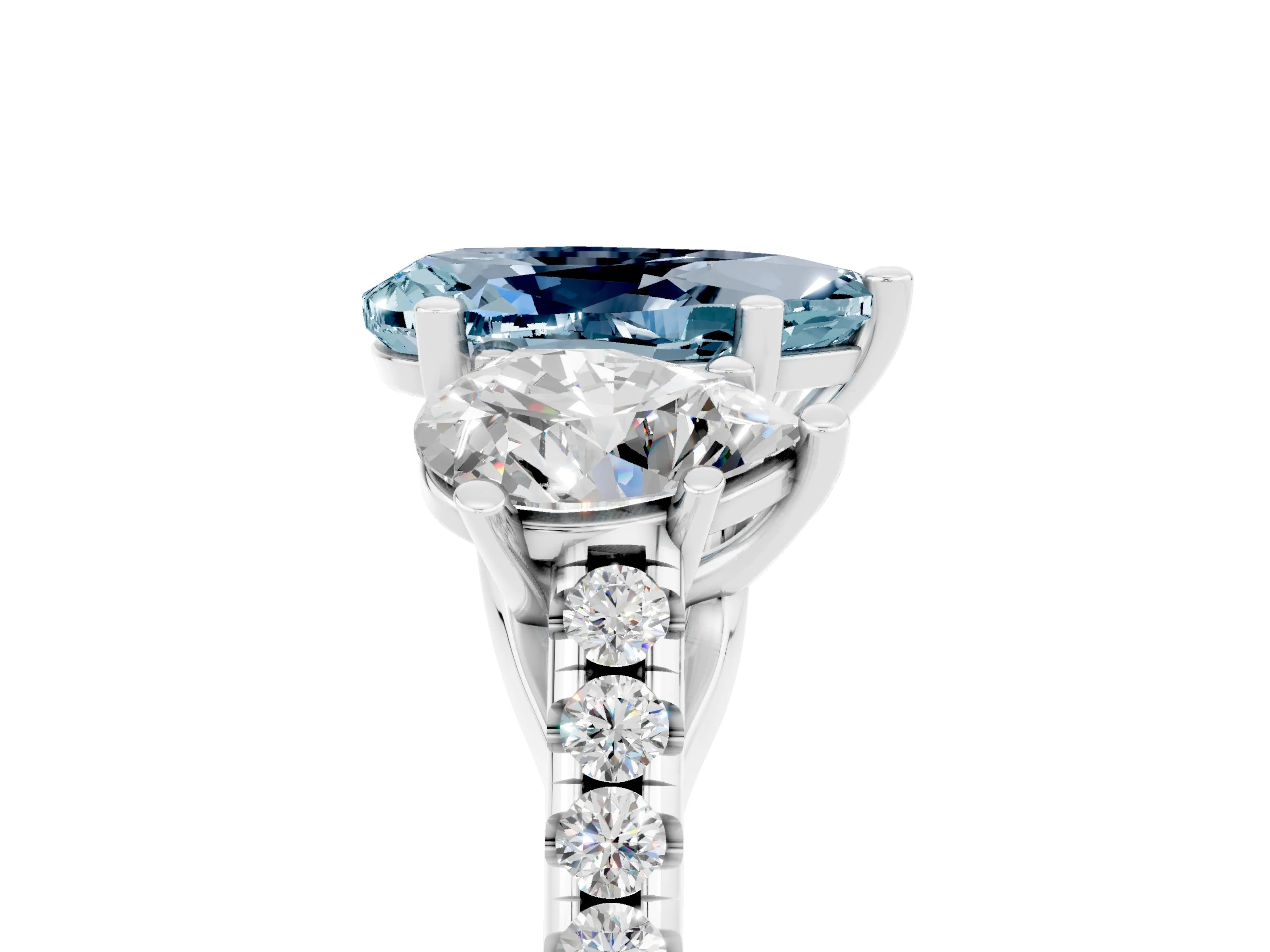 Platinum Three-Stone Pear Cut Aquamarine Ring with Round Pavé Band and
