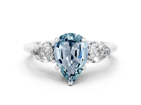 White gold Three-Stone Pear Cut Aquamarine Ring with Pear Side Stones and Four-Prong Setting
