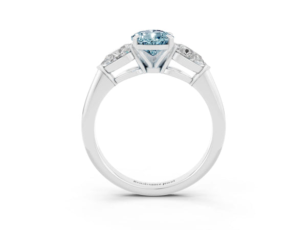 White gold Three-Stone Pear Cut Aquamarine Ring with Pear Side Stones and Four-Prong Setting