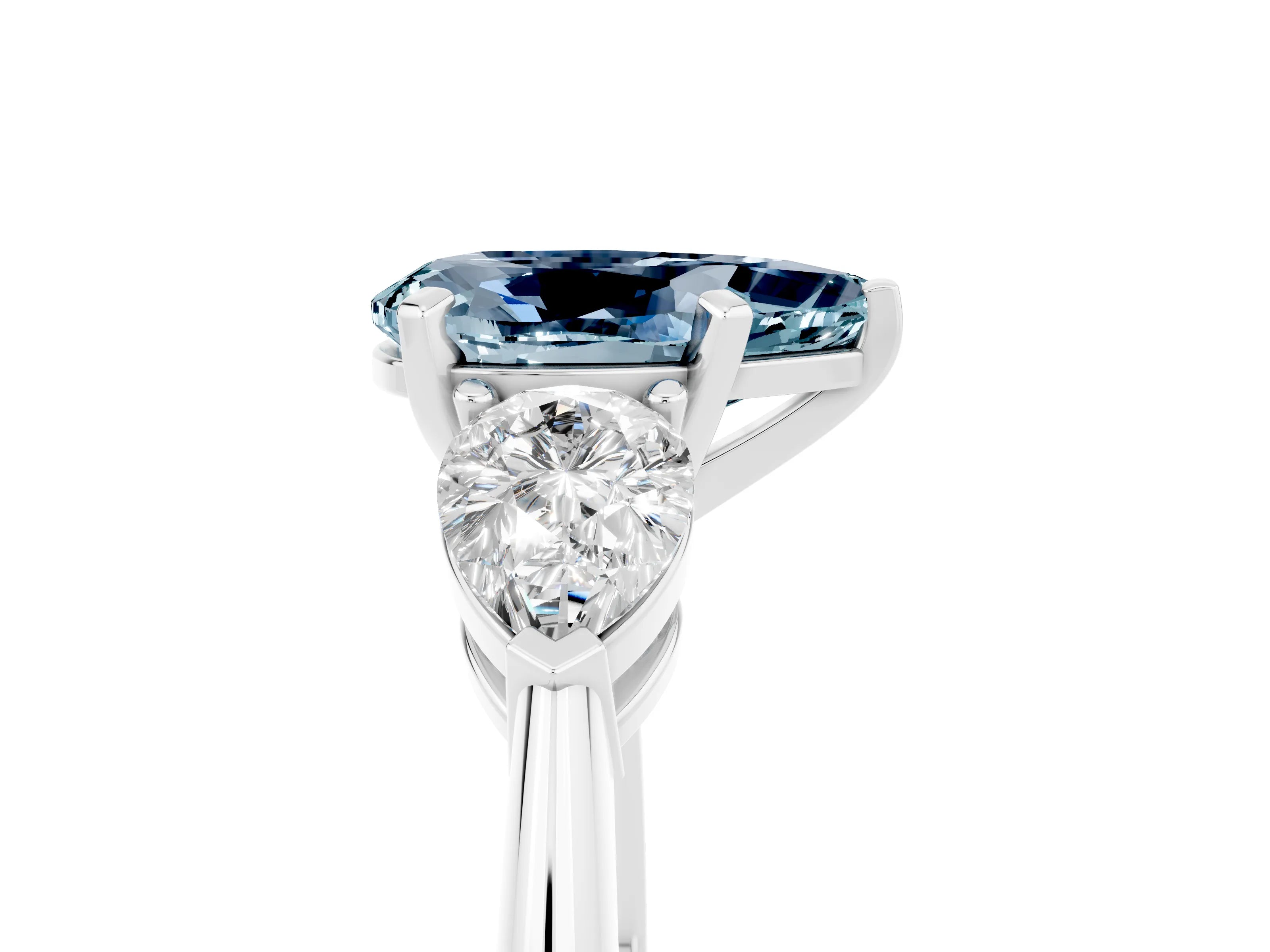 White gold Three-Stone Pear Cut Aquamarine Ring with Pear Side Stones and Four-Prong Setting_5
