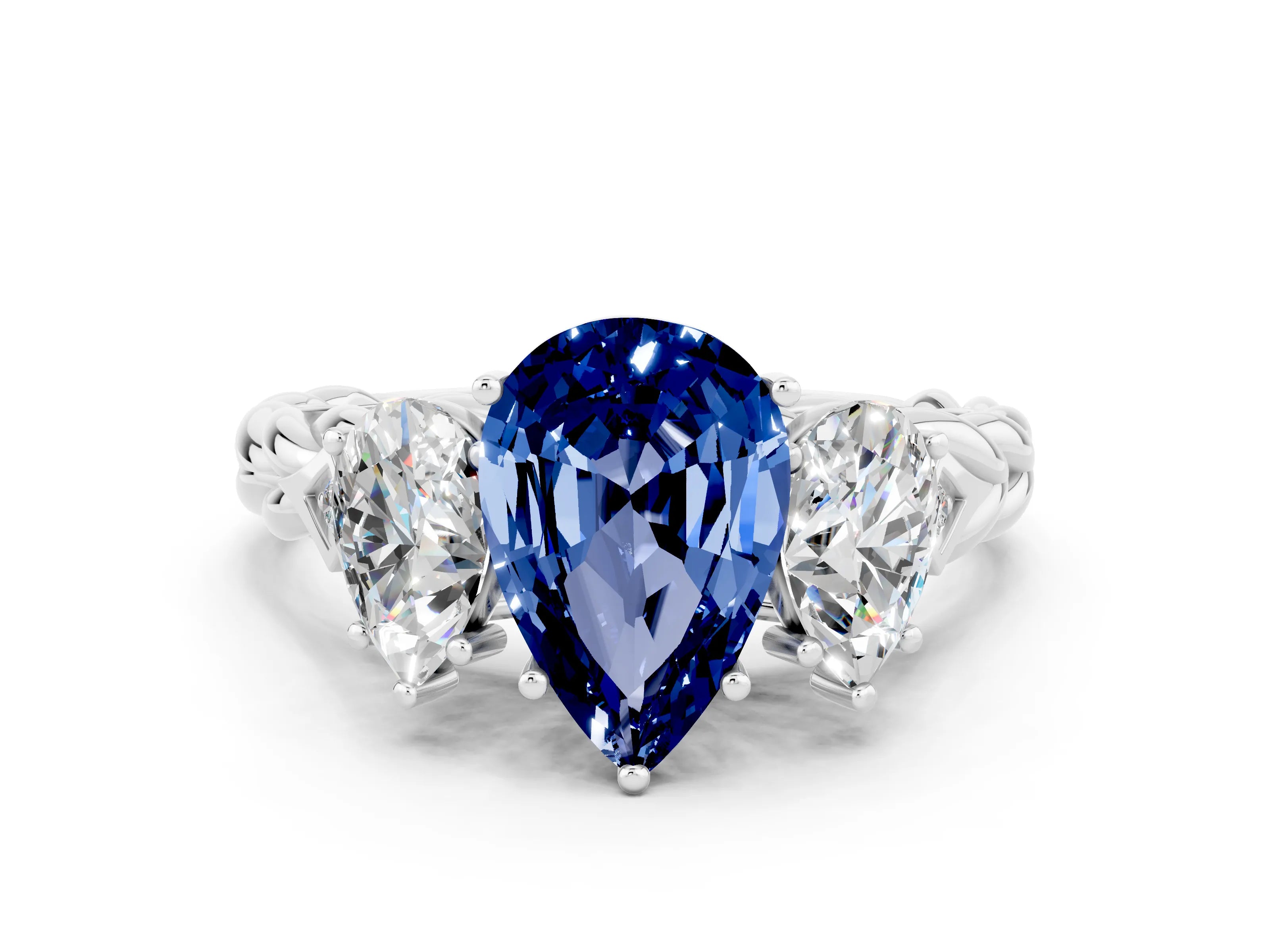 White gold Three-Stone Pear Cut Blue Sapphire Braided Band Ring with Four-Prong Setting_12