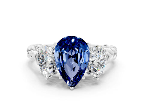 White gold Three-Stone Pear Cut Blue Sapphire Braided Band Ring with Four-Prong Setting_12