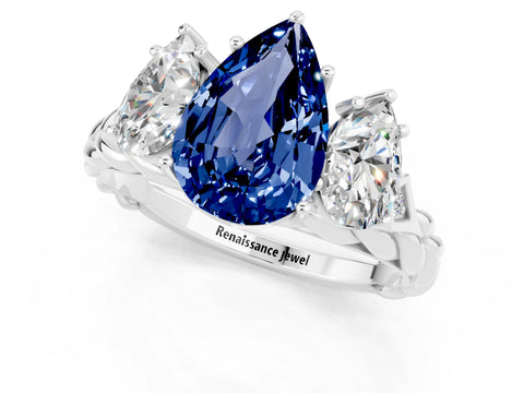 White gold Three-Stone Pear Cut Blue Sapphire Braided Band Ring with Four-Prong Setting_13