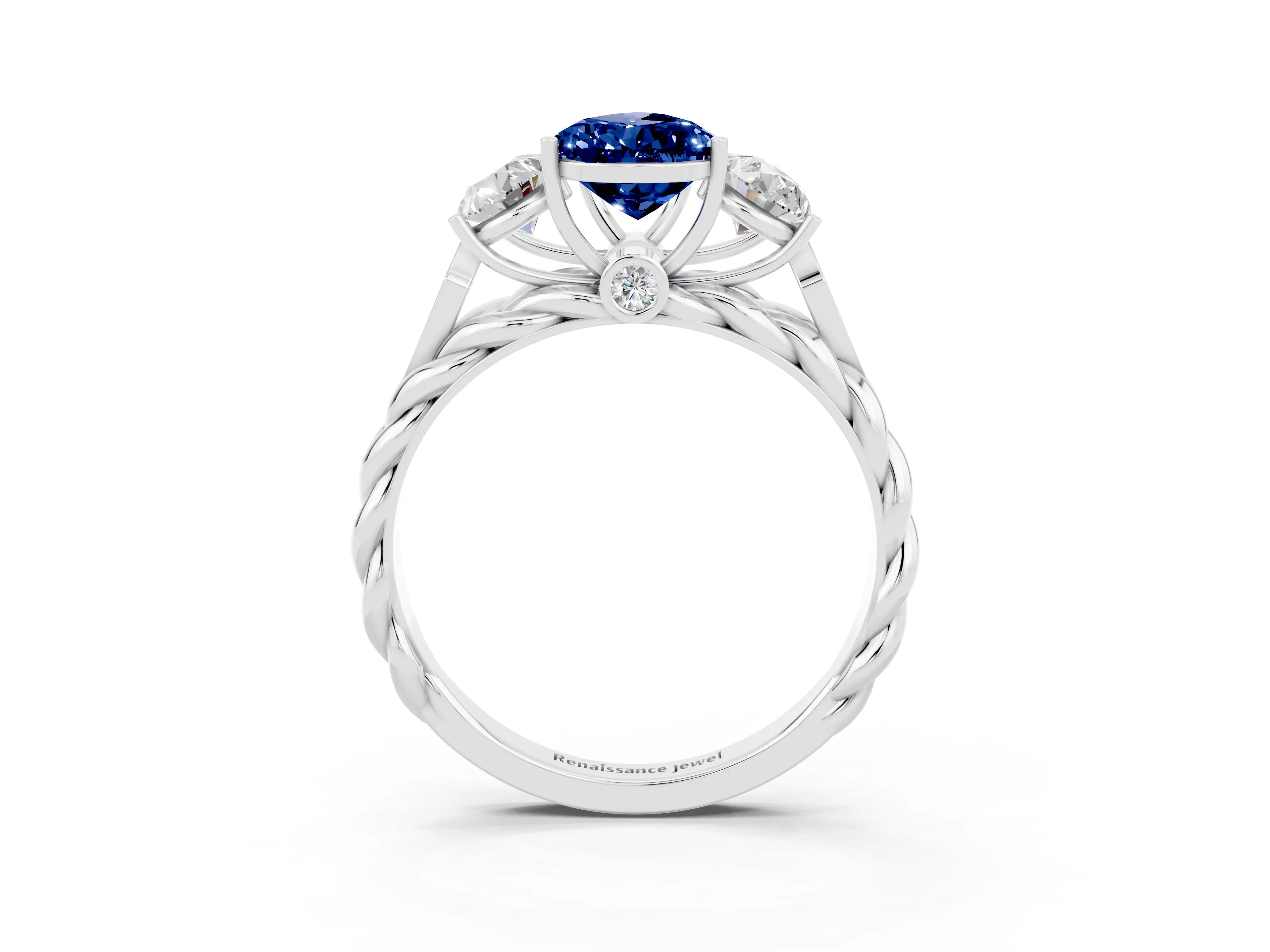 White gold Three-Stone Pear Cut Blue Sapphire Braided Band Ring with Four-Prong Setting_15