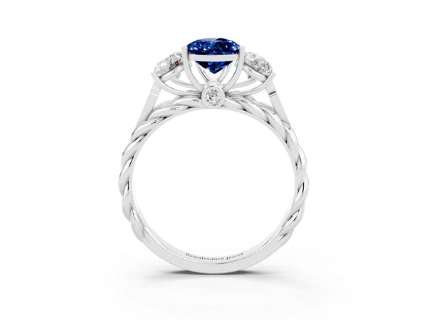 Silver Three-Stone Pear Cut Blue Sapphire Braided Band Ring with Four-Prong Setting