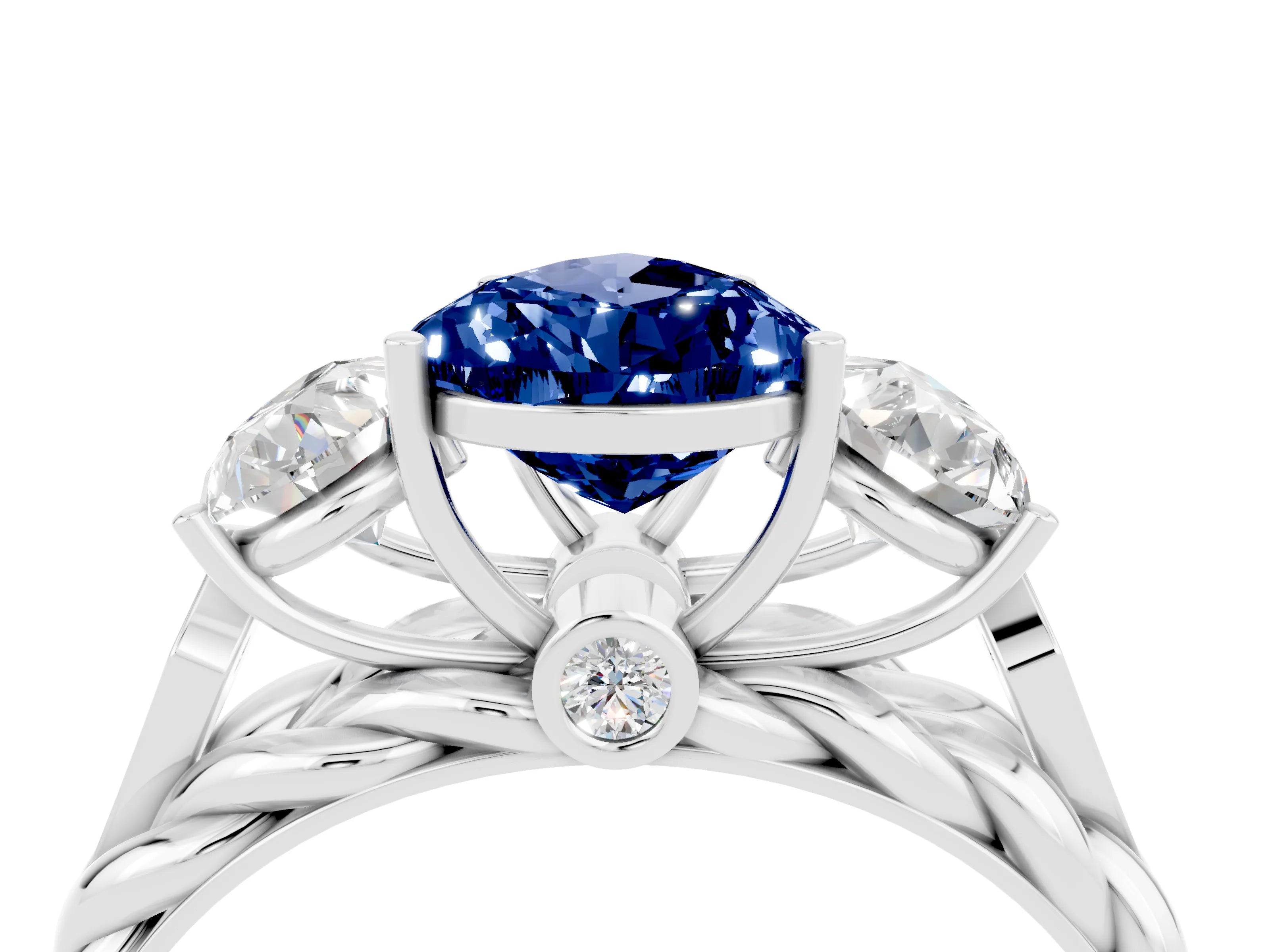 White gold Three-Stone Pear Cut Blue Sapphire Braided Band Ring with Four-Prong Setting_16