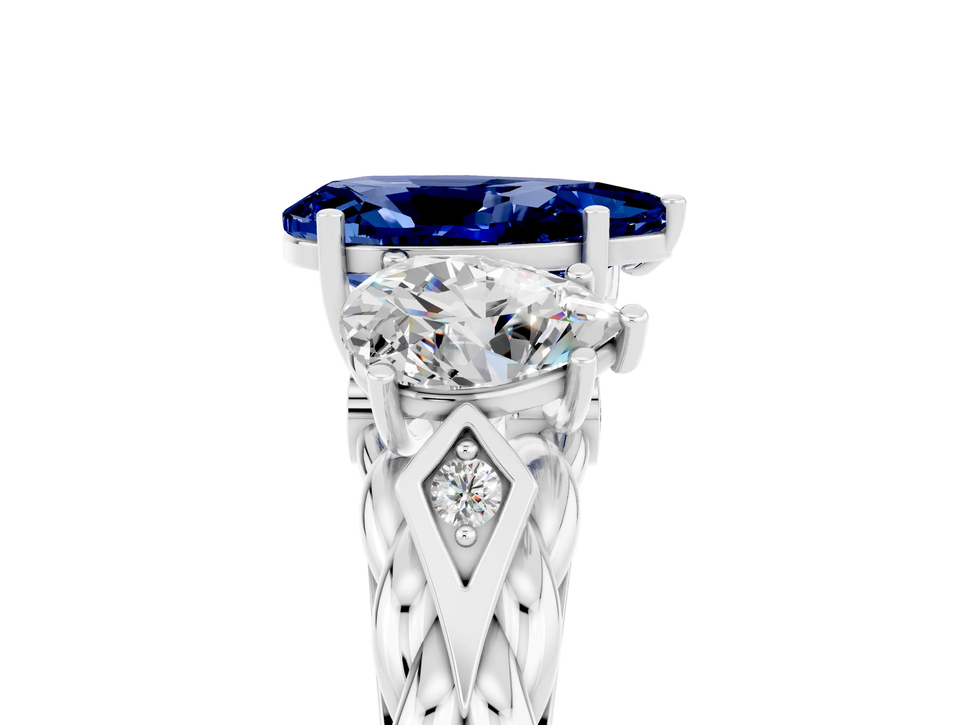 White gold Three-Stone Pear Cut Blue Sapphire Braided Band Ring with Four-Prong Setting_17
