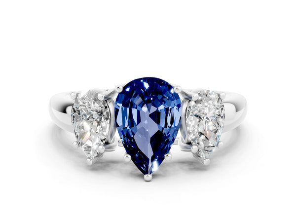 Platinum Three-Stone Pear Cut Blue Sapphire Engagement Ring with Prong Setting
