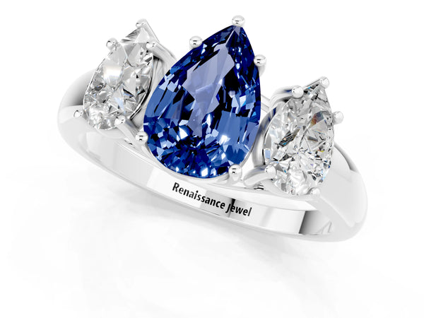 Silver Three-Stone Pear Cut Blue Sapphire Engagement Ring with Prong Setting