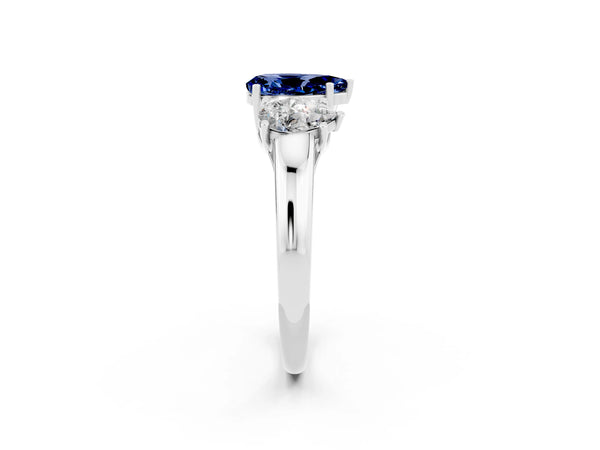 Silver Three-Stone Pear Cut Blue Sapphire Engagement Ring with Prong Setting