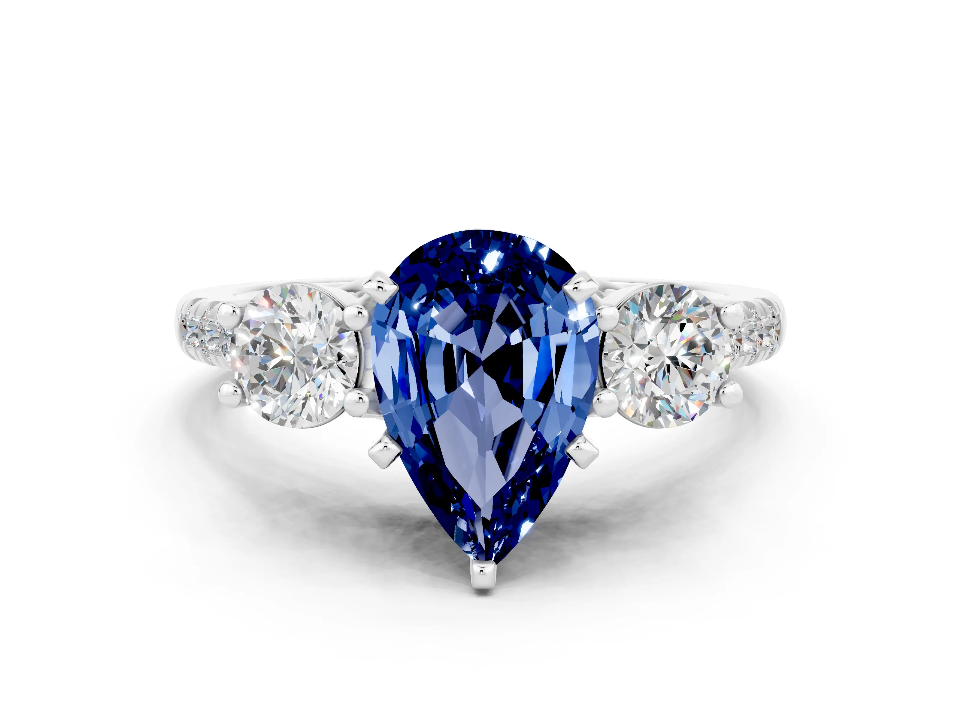 White gold Three-Stone Pear Cut Blue Sapphire Pavé Band with Four-Prong Setting