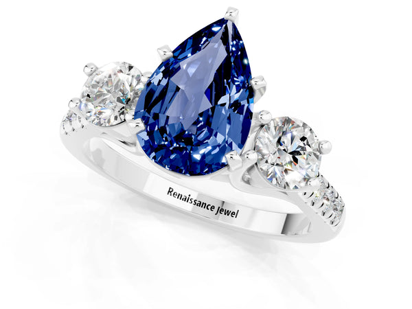 Silver Three-Stone Pear Cut Blue Sapphire Pavé Band with Four-Prong Setting