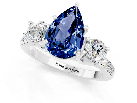White gold Three-Stone Pear Cut Blue Sapphire Pavé Band with Four-Prong Setting_1