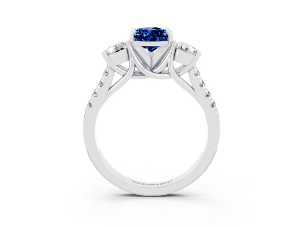 White gold Three-Stone Pear Cut Blue Sapphire Pavé Band with Four-Prong Setting