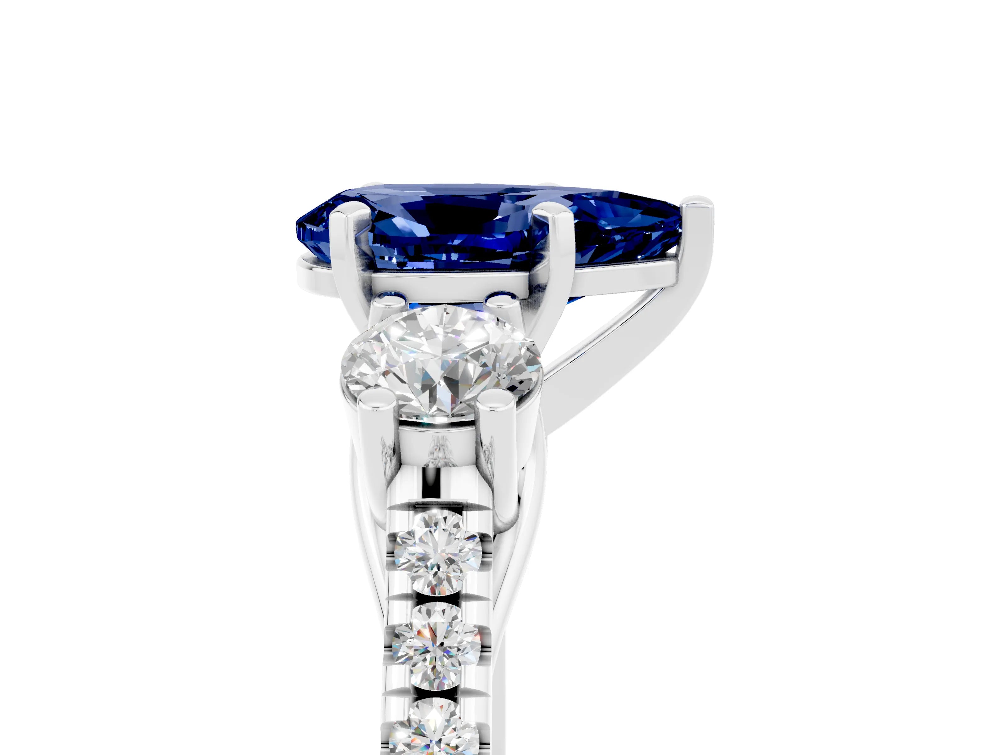 White gold Three-Stone Pear Cut Blue Sapphire Pavé Band with Four-Prong Setting_5