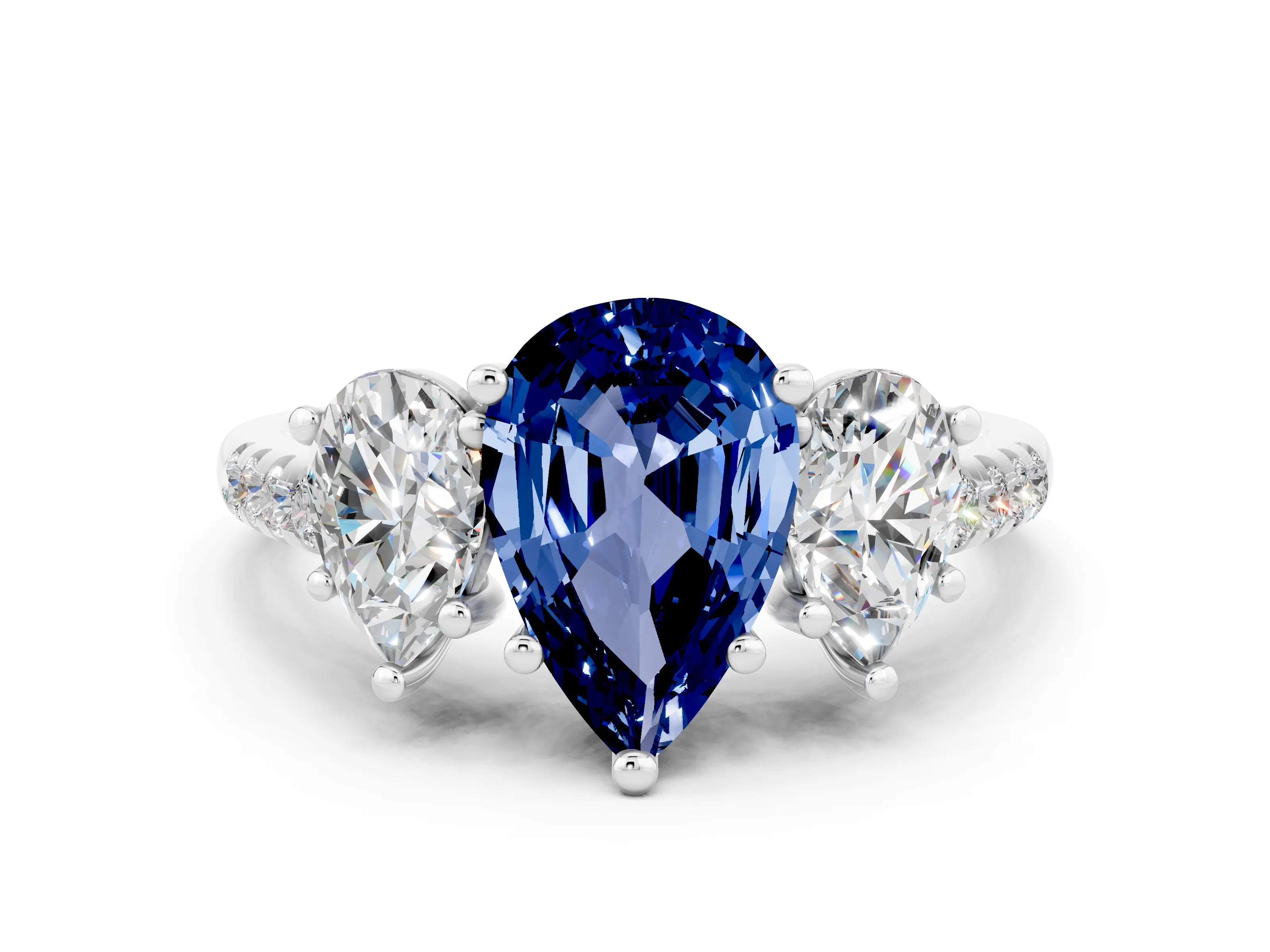 White gold Three-Stone Pear Cut Blue Sapphire Ring with Pavé Band and Prong Setting_12