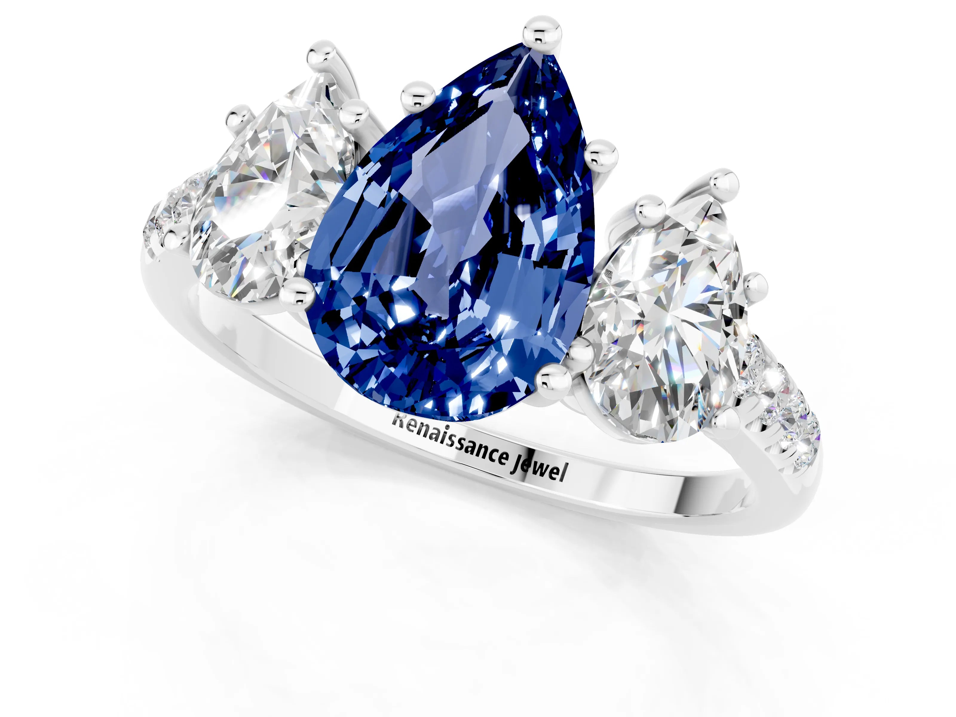 White gold Three-Stone Pear Cut Blue Sapphire Ring with Pavé Band and Prong Setting_13
