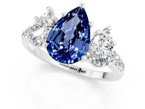 White gold Three-Stone Pear Cut Blue Sapphire Ring with Pavé Band and Prong Setting_13