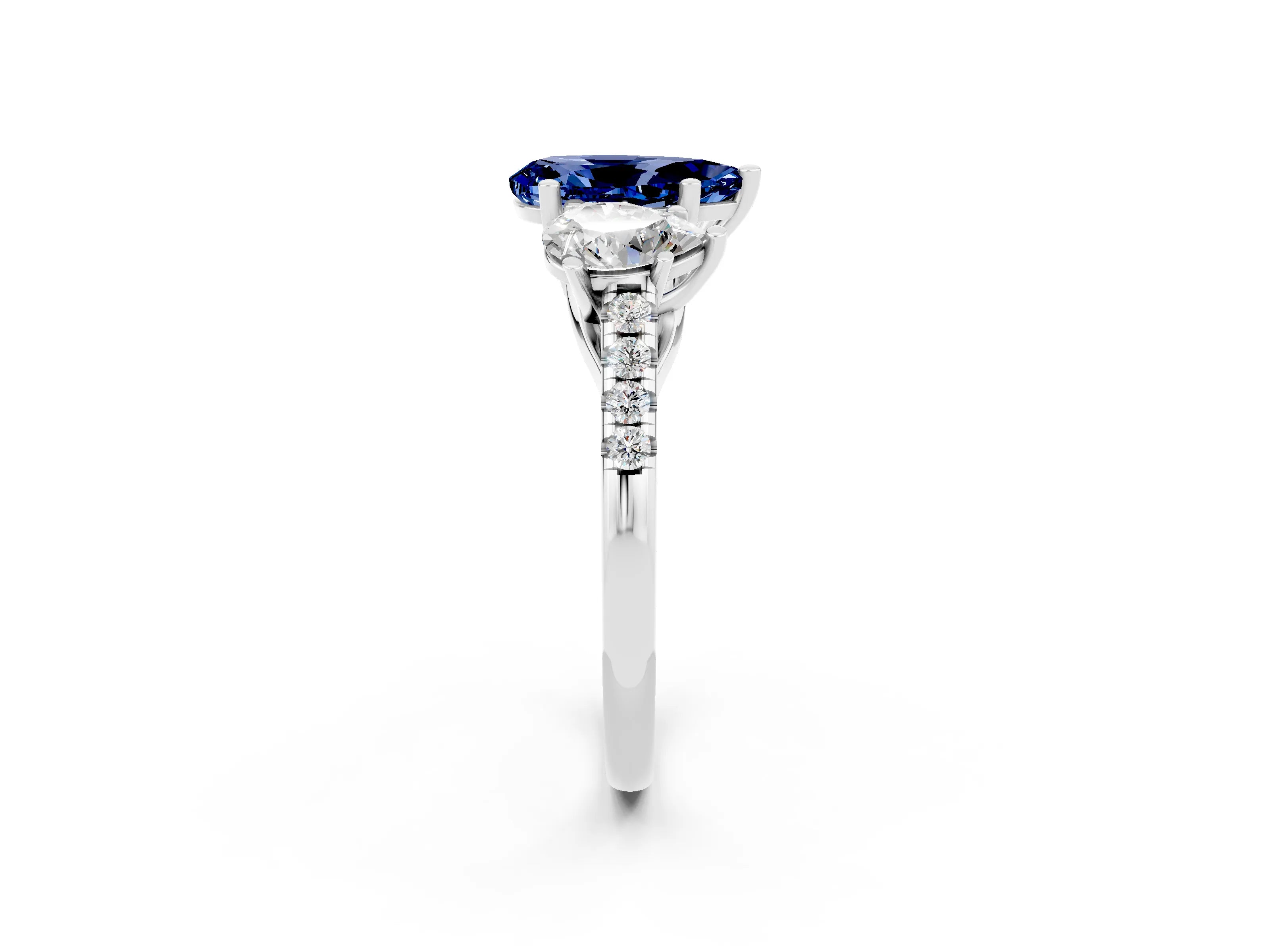 White gold Three-Stone Pear Cut Blue Sapphire Ring with Pavé Band and Prong Setting_14