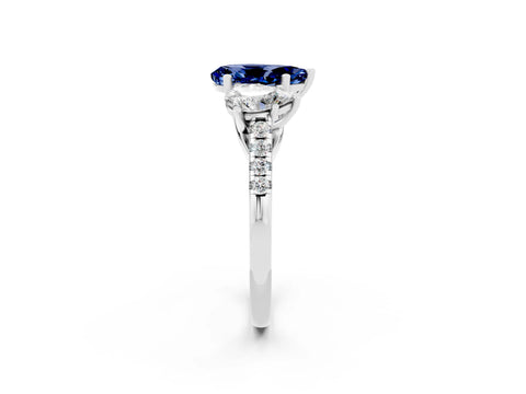 White gold Three-Stone Pear Cut Blue Sapphire Ring with Pavé Band and Prong Setting_14
