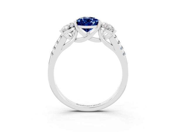 White gold Three-Stone Pear Cut Blue Sapphire Ring with Round  Pavé Band and Prong Setting